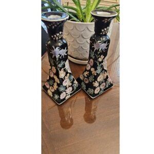 2 Tapered Candlesticks Candle Holders Black with Flowers Floral Macau Style